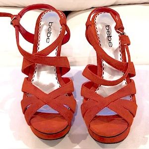 (EUC) BeBe Vibrant Burnt Orange Suede Ankle Strap Stiletto Platform Heels 👠